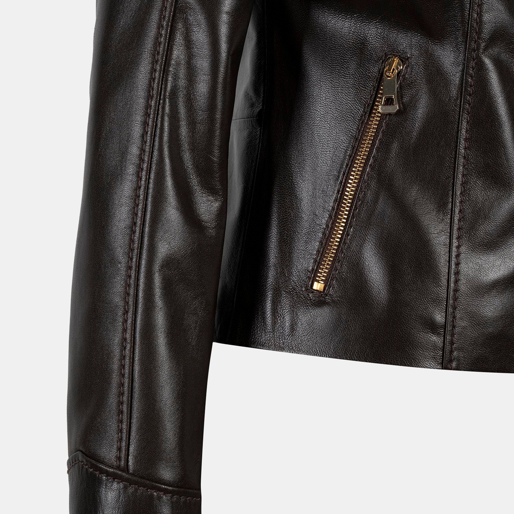 Kadın Koyu Kahve Hakim Yakalı Fit Deri Ceket