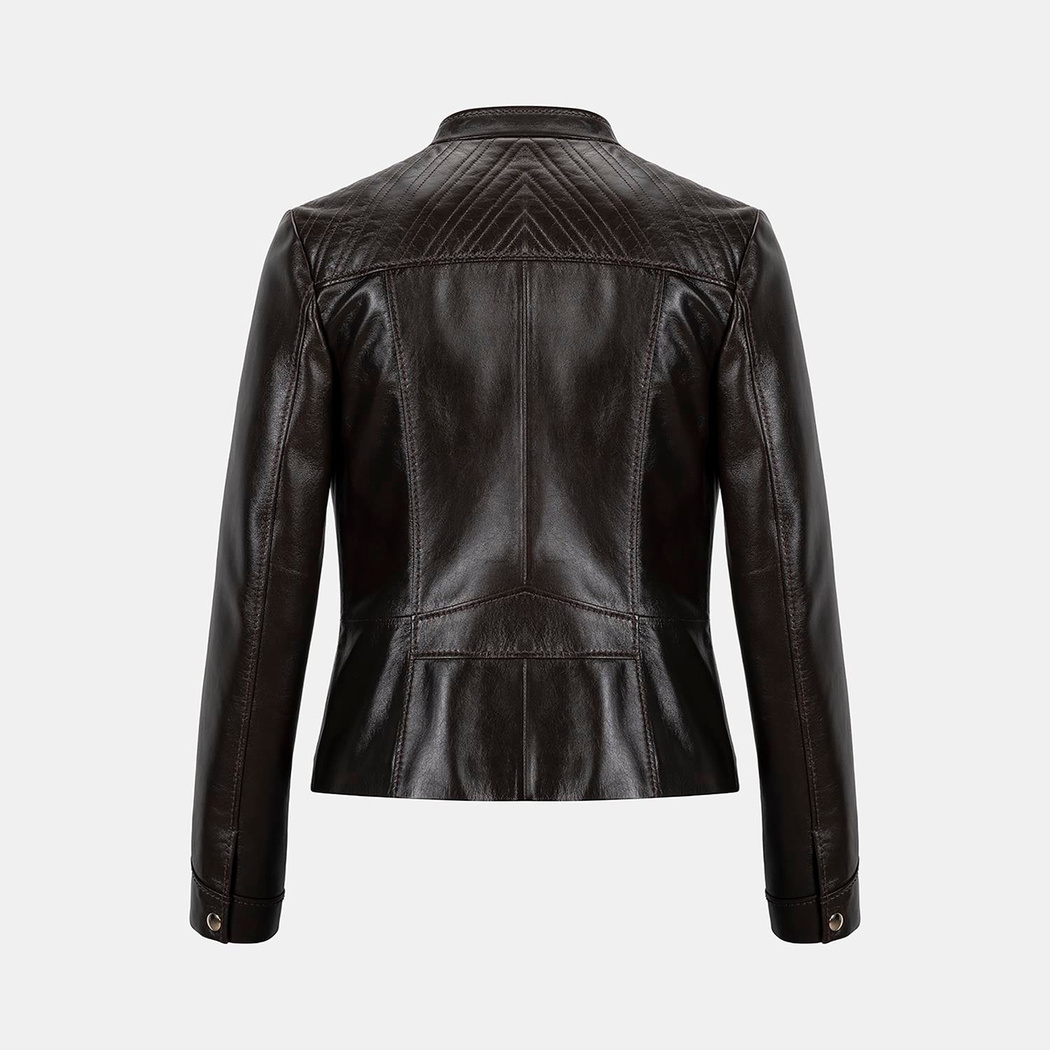 Kadın Koyu Kahve Hakim Yakalı Fit Deri Ceket