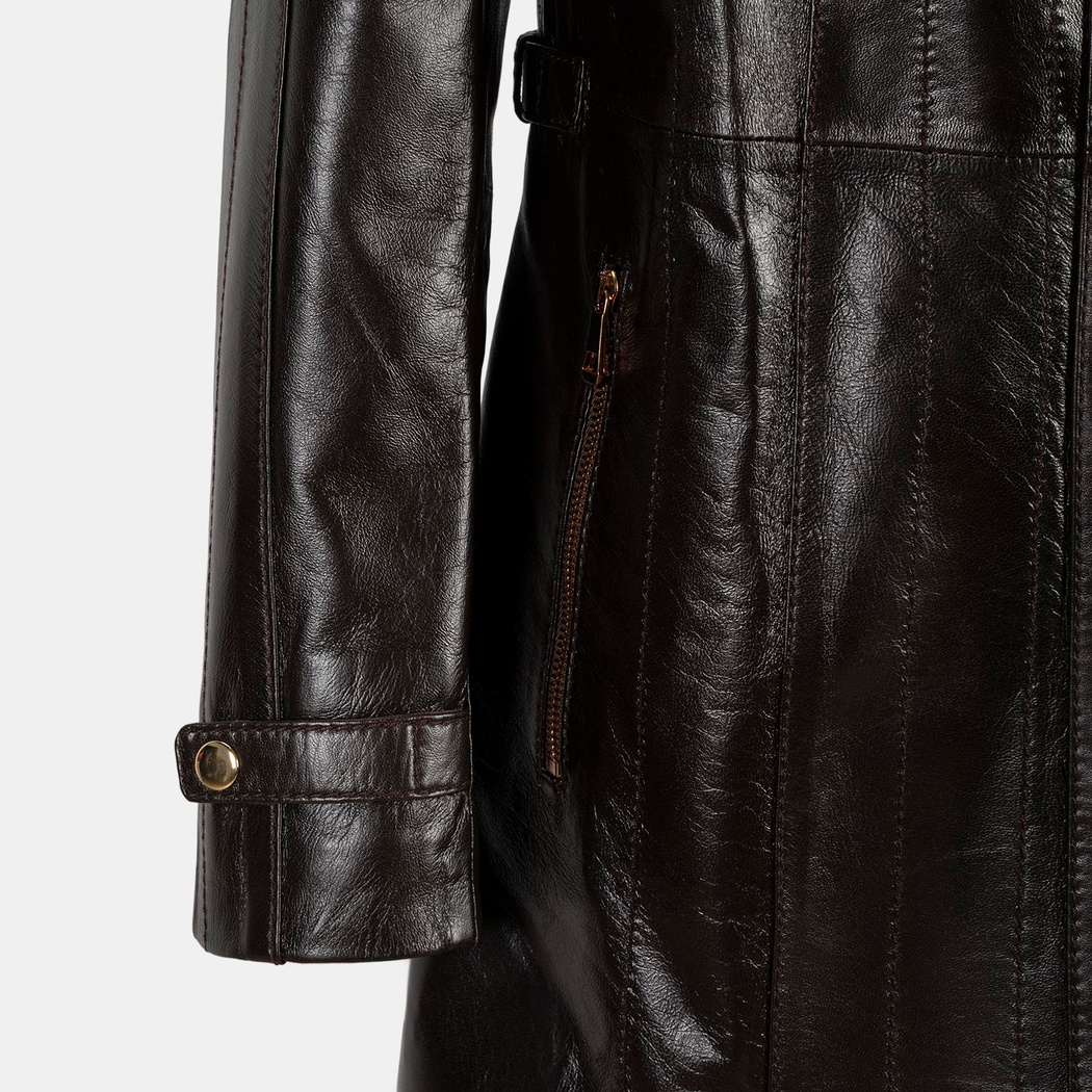 Kadın Koyu Kahve Hakim Yakalı Kapüşonlu Deri Kaban