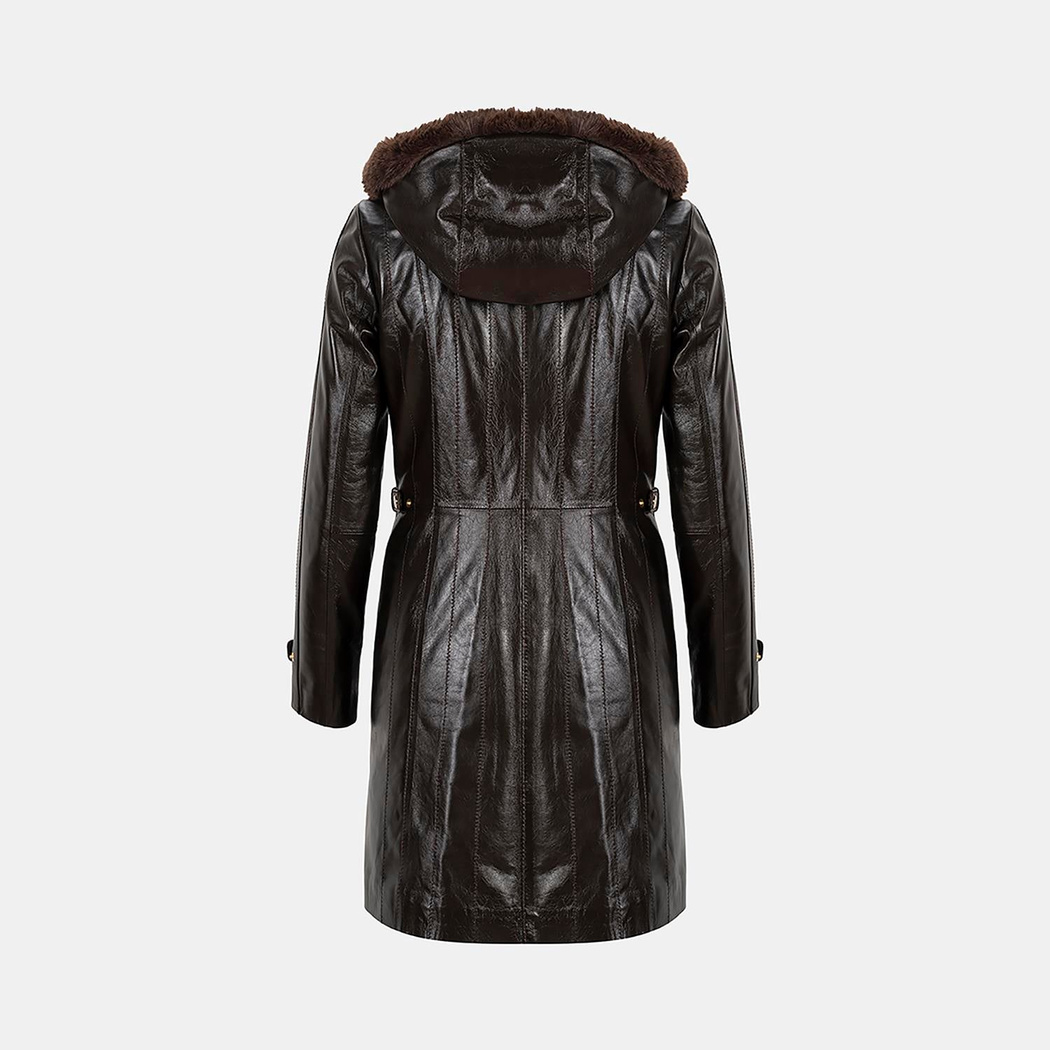 Kadın Koyu Kahve Hakim Yakalı Kapüşonlu Deri Kaban