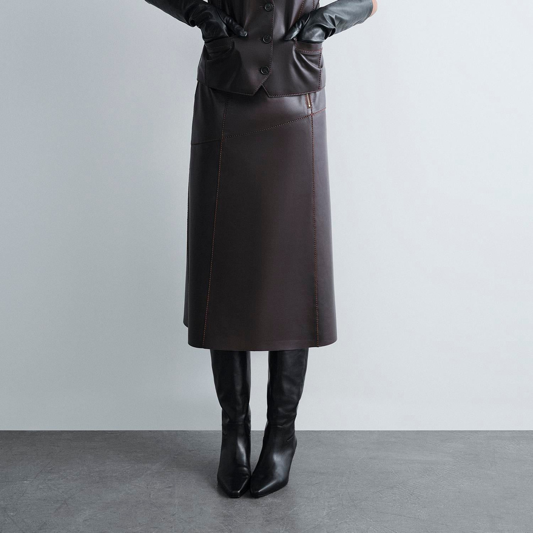 Kadın Koyu Kahve Midi Boy Deri Etek