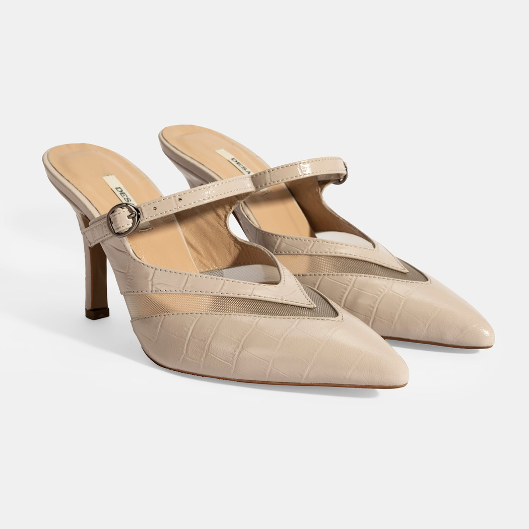 Kadın Krem Ayarlanabilir Tokalı Deri Abiye Topuklu Terlik