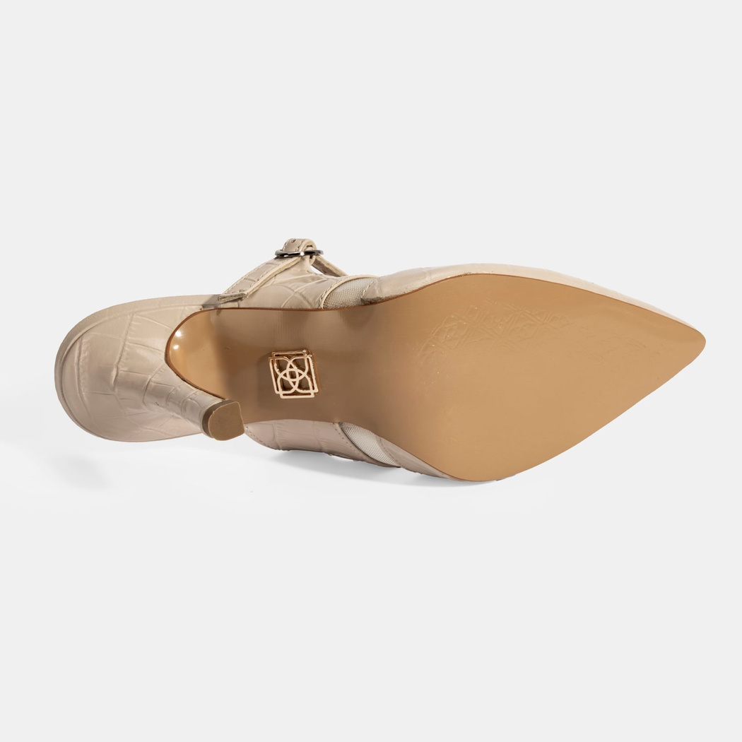 Kadın Krem Ayarlanabilir Tokalı Deri Abiye Topuklu Terlik