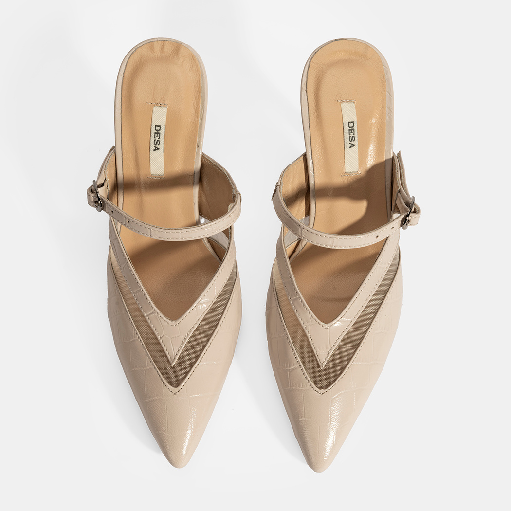 Kadın Krem Ayarlanabilir Tokalı Deri Abiye Topuklu Terlik