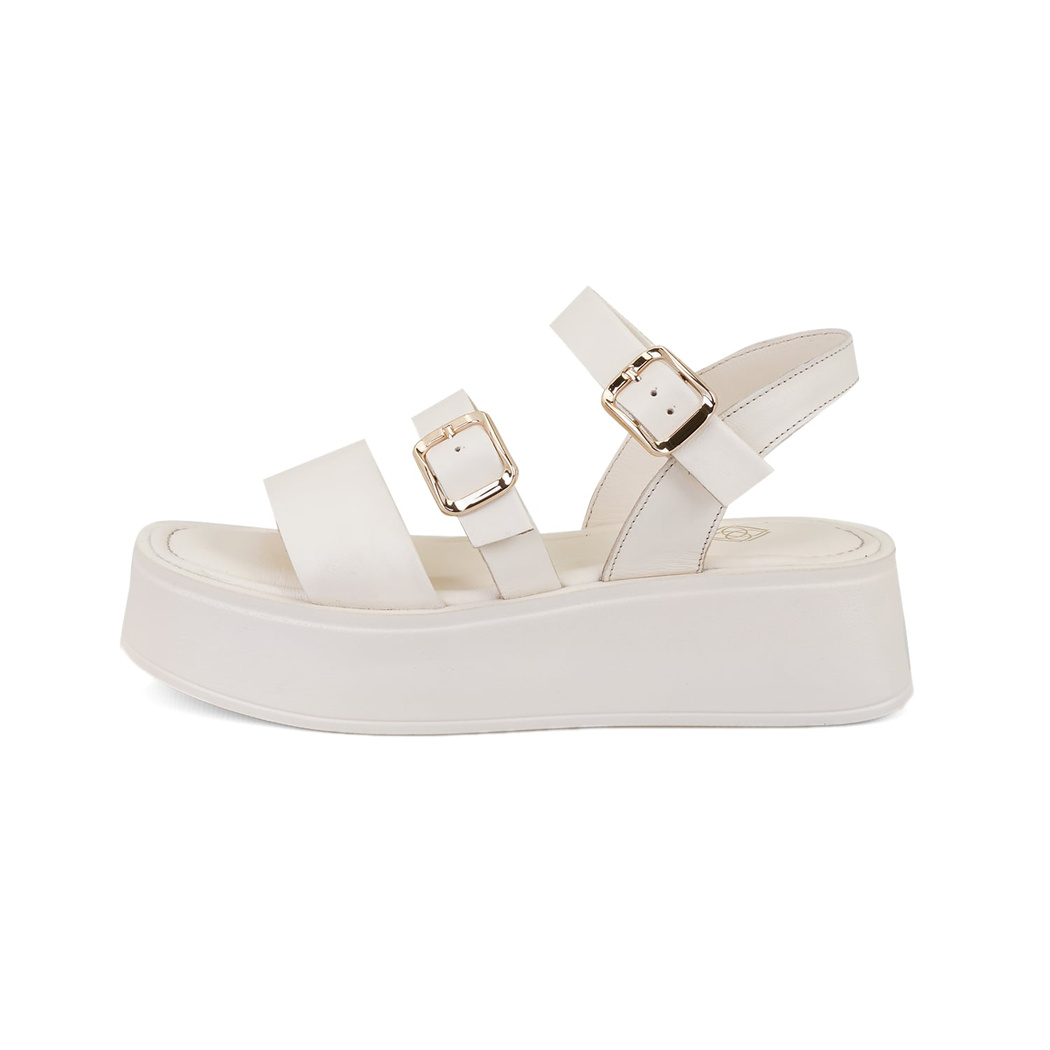 Kadın Krem Ayarlanabilir Tokalı Deri Sandalet