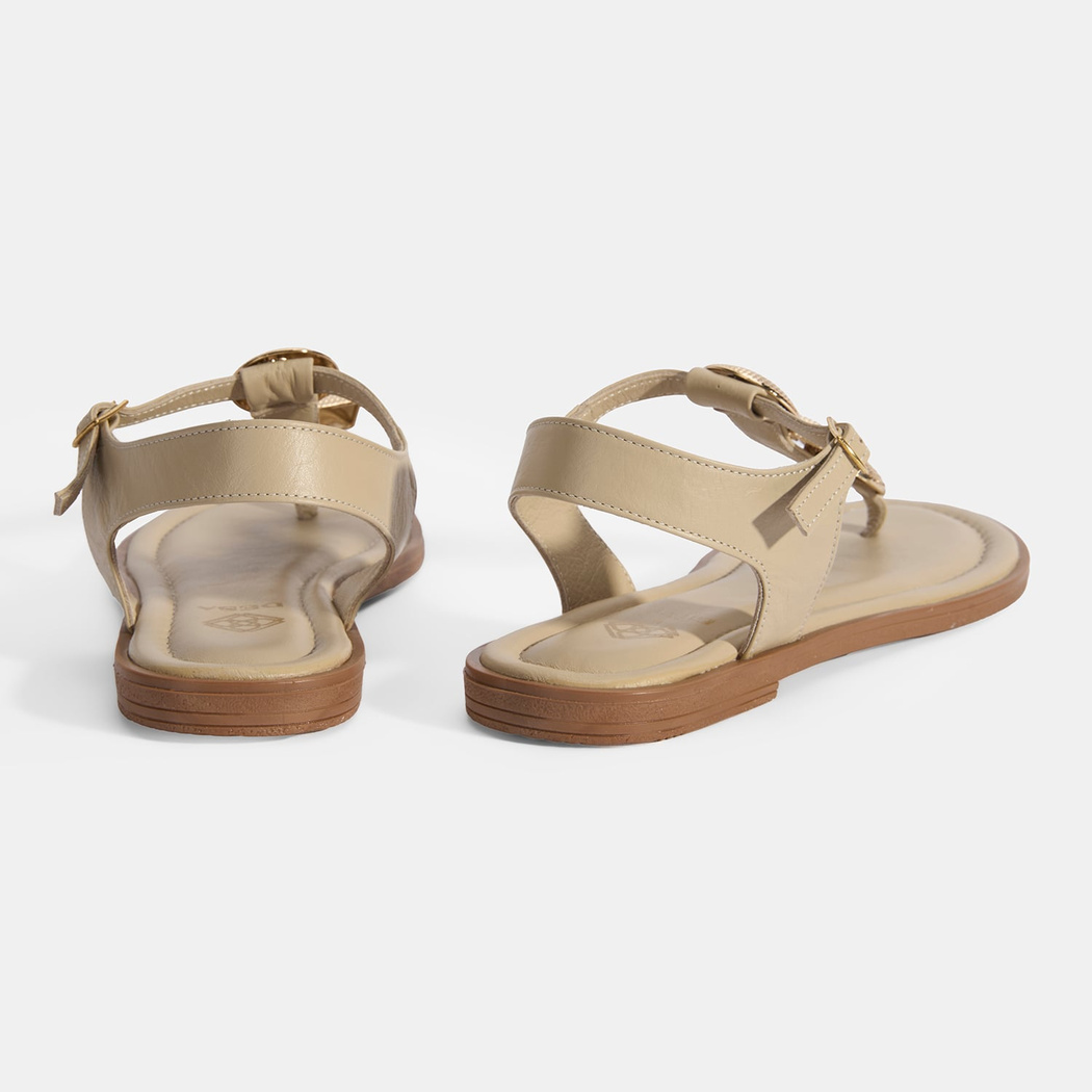 Kadın Krem Ayarlanabilir Tokalı Deri Sandalet