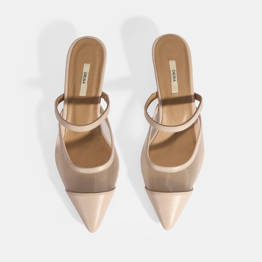 Kadın Krem Fileli Deri Topuklu Terlik