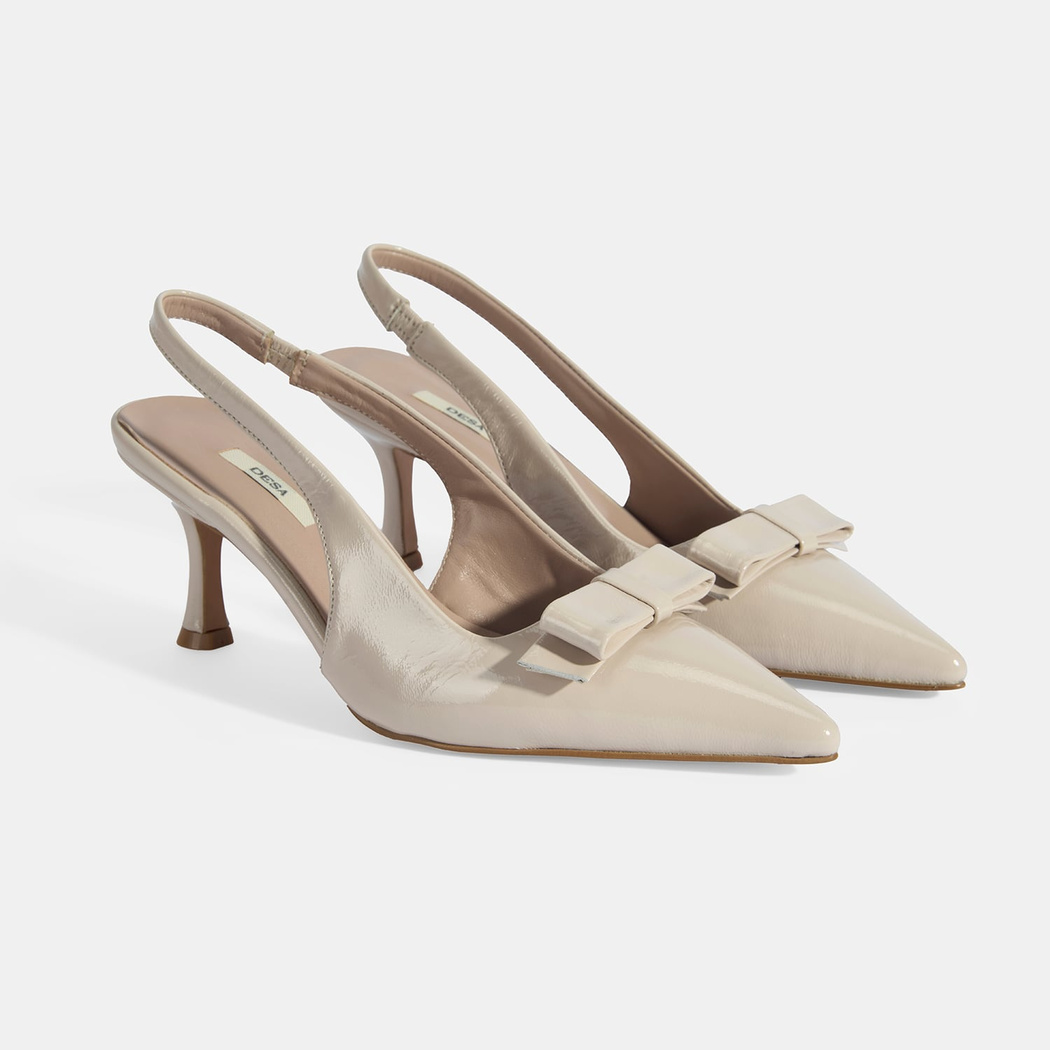 Kadın Krem Fiyonk Detaylı Rugan Topuklu Klasik Ayakkabı