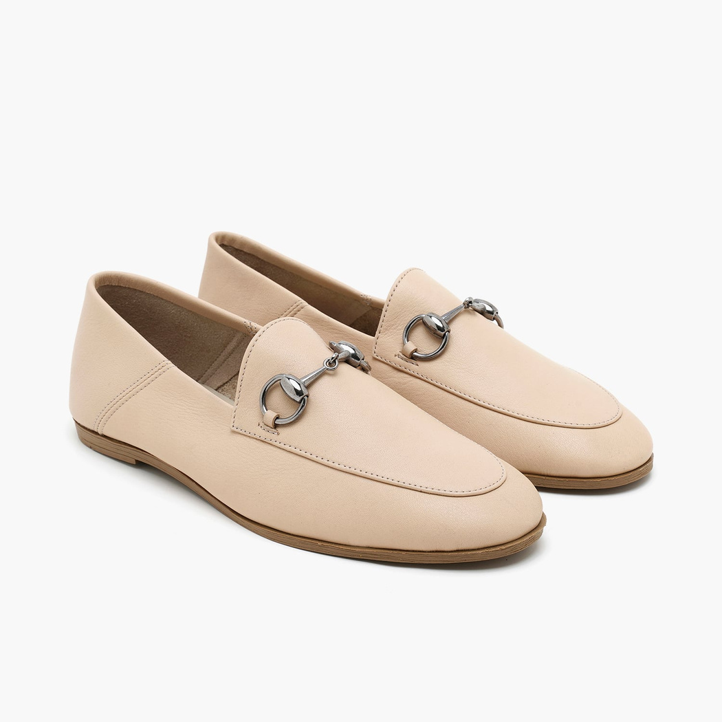 Kadın Krem Metal Toka Detaylı Deri Loafer