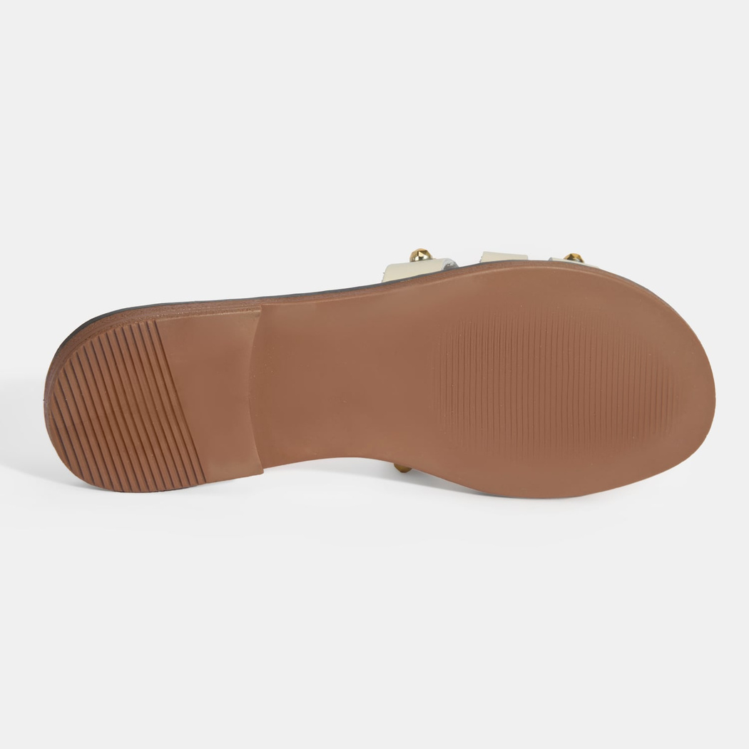 Kadın Krem Zımba Detaylı Deri Terlik