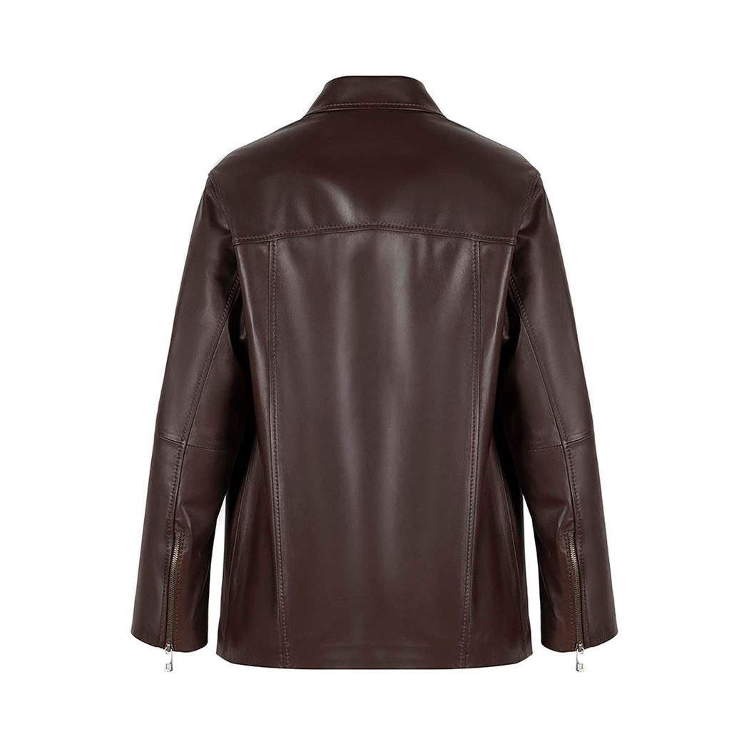 Kadın Lacivert Gömlek Yakalı Deri Ceket