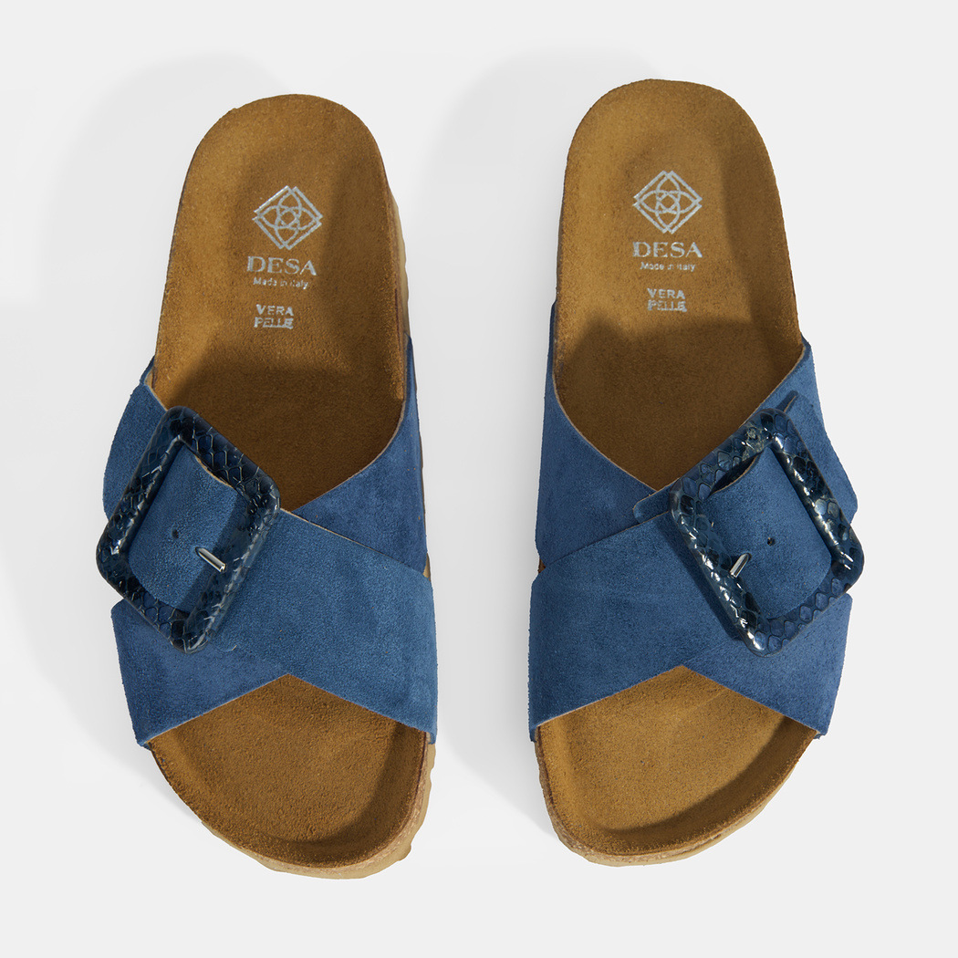 Kadın Mavi Ayarlanabilir Toka Detaylı Süet Terlik