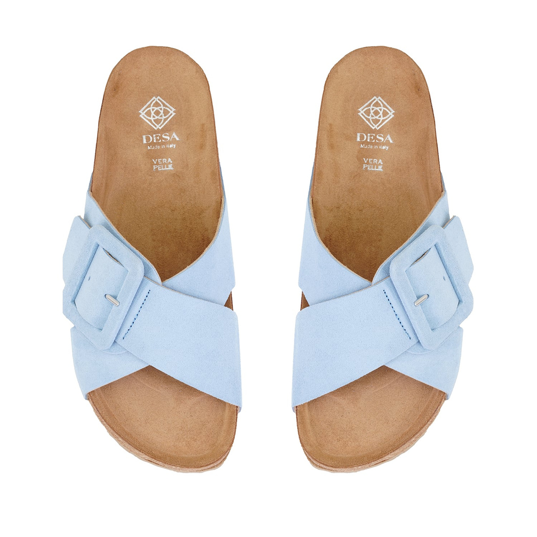 Kadın Mavi Ayarlanabilir Tokalı Süet Deri Terlik