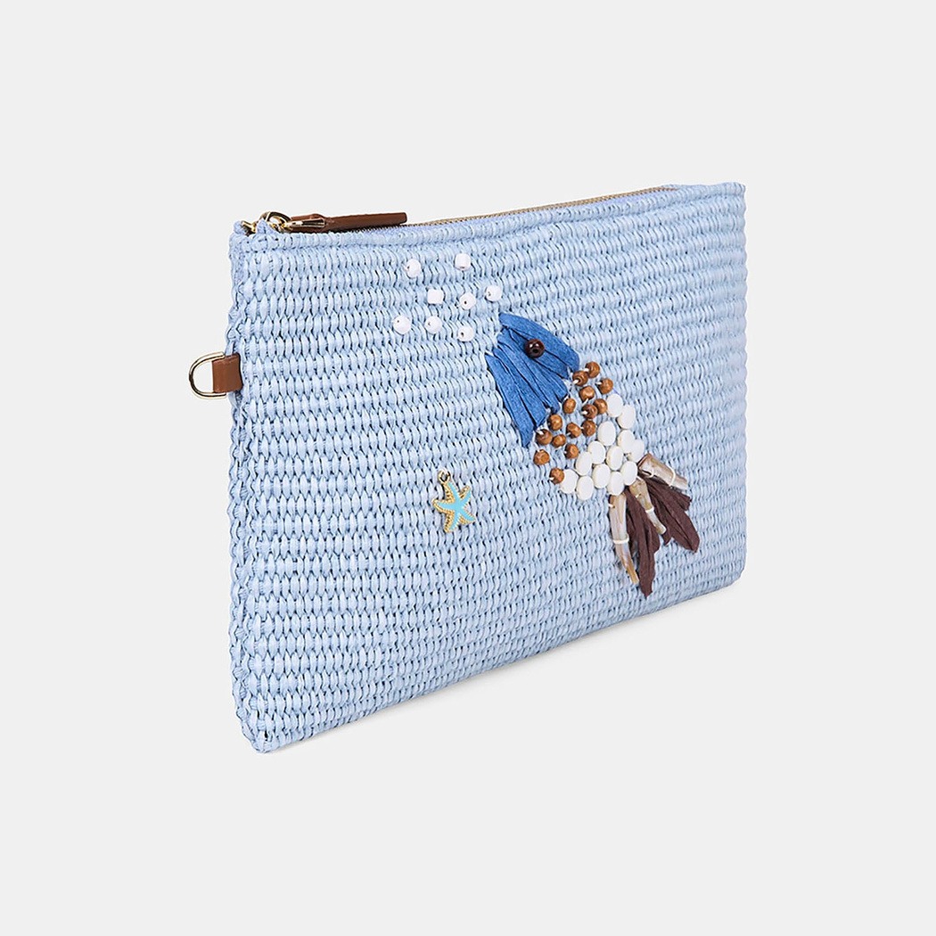 Kadın Mavi Balık Motifli Hasır Clutch