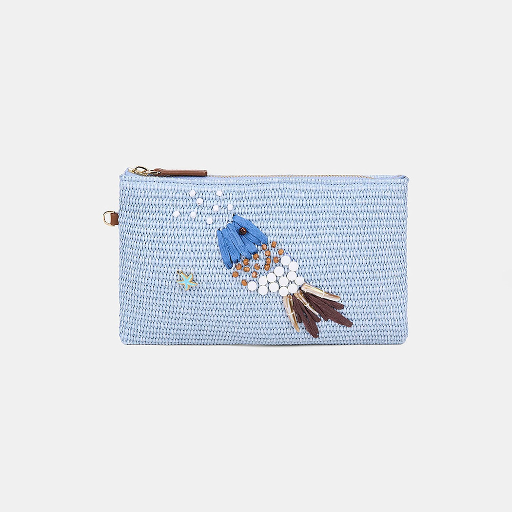 Kadın Mavi Balık Motifli Hasır Clutch