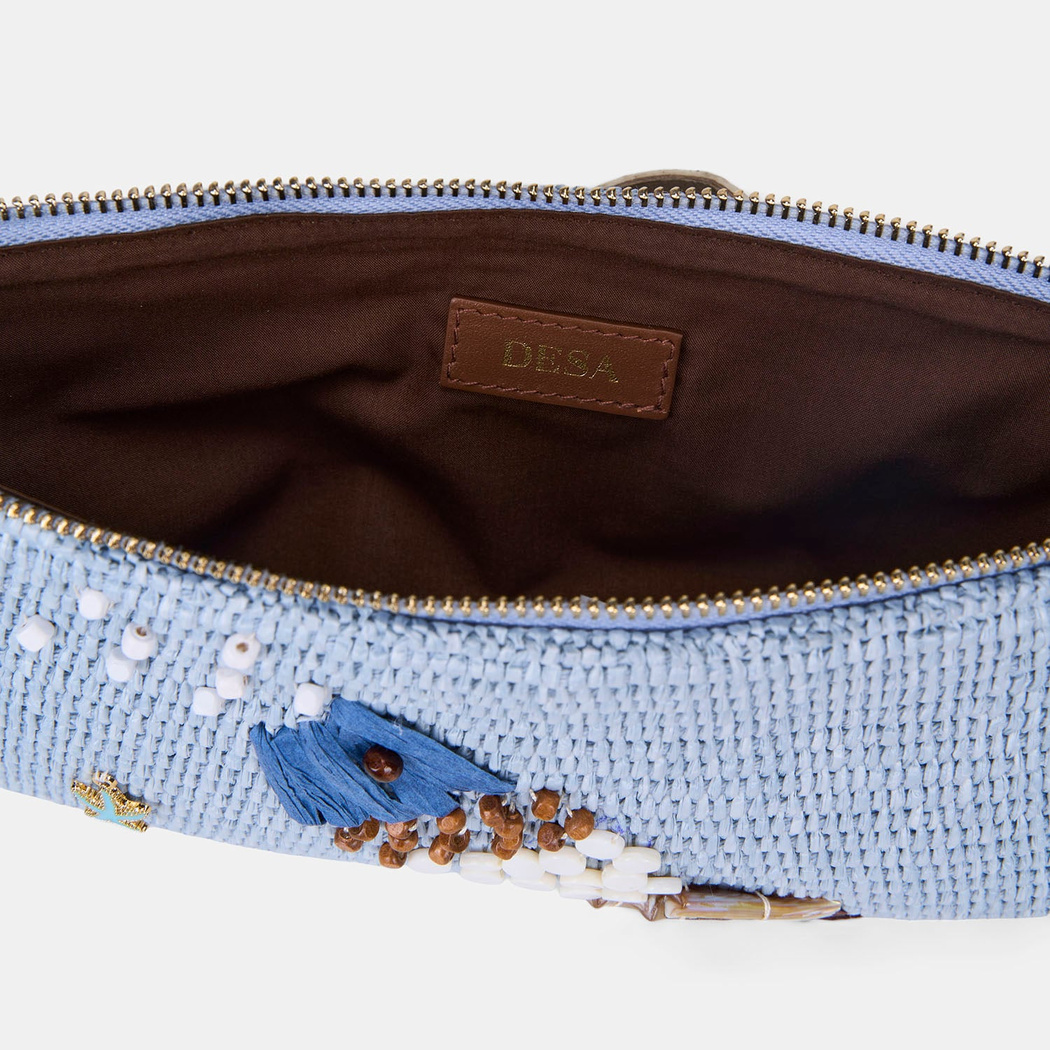 Kadın Mavi Balık Motifli Hasır Clutch