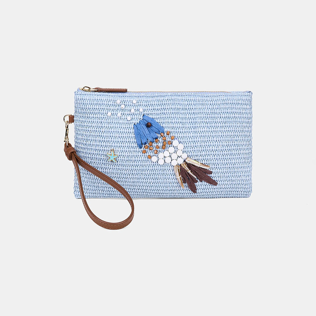 Kadın Mavi Balık Motifli Hasır Clutch
