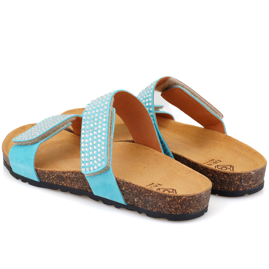 Kadın Mavi Cırt Cırtlı Süet Deri Terlik