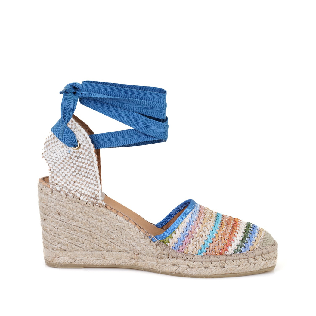 Kadın Mavi Dolgu Topuklu Deri Espadril Sandalet