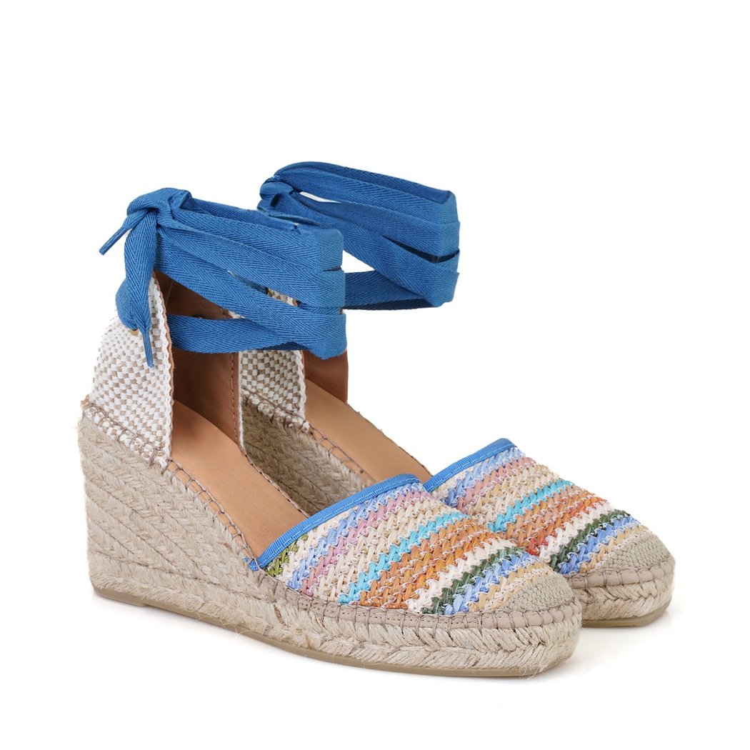 Kadın Mavi Dolgu Topuklu Deri Espadril Sandalet
