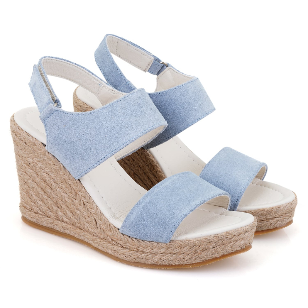 Kadın Mavi Dolgu Topuklu Deri Sandalet