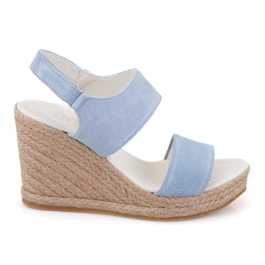 Kadın Mavi Dolgu Topuklu Deri Sandalet