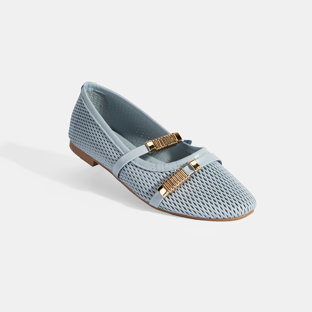 Kadın Mavi Metal Toka Aksesuarlı Deri Babet