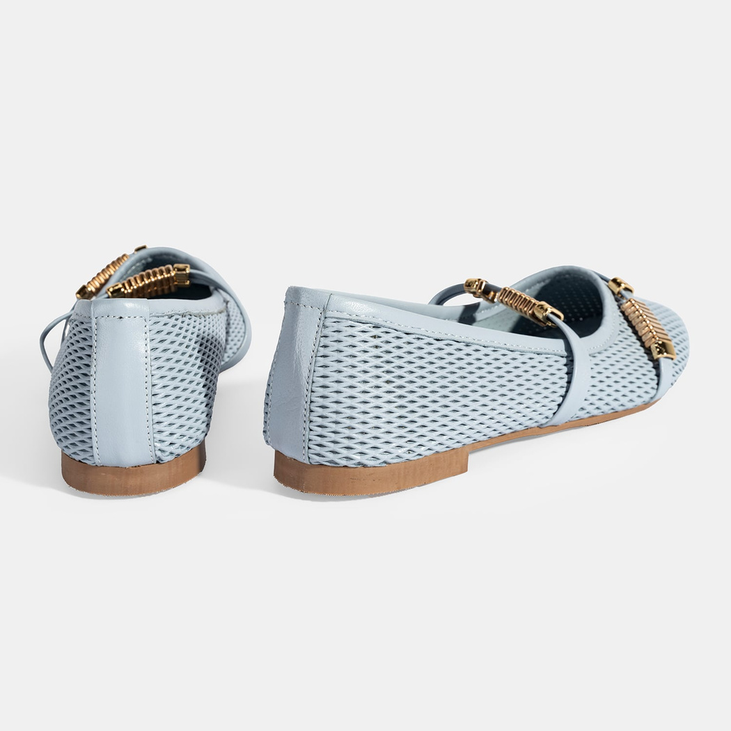 Kadın Mavi Metal Toka Aksesuarlı Deri Babet