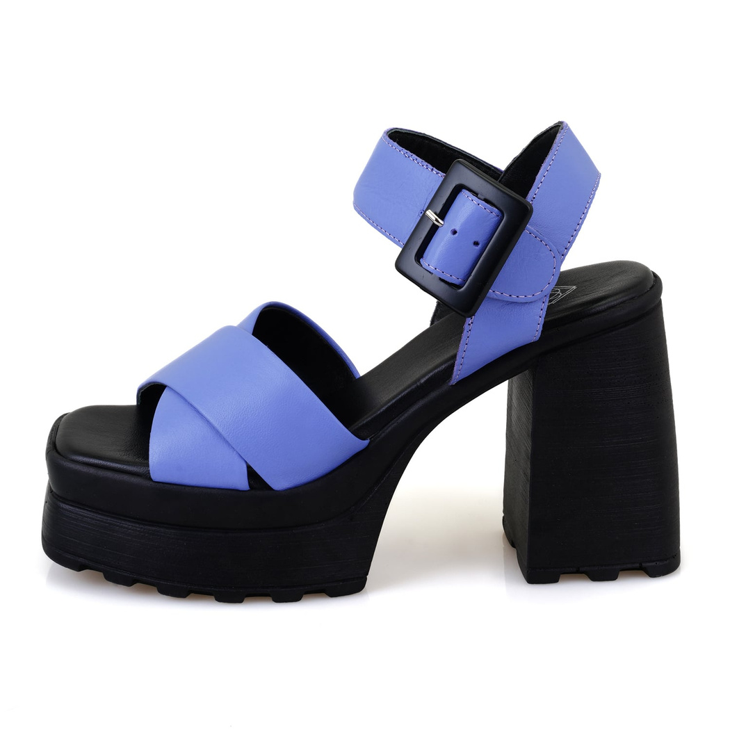 Kadın Mavi Platform Topuklu Deri Sandalet