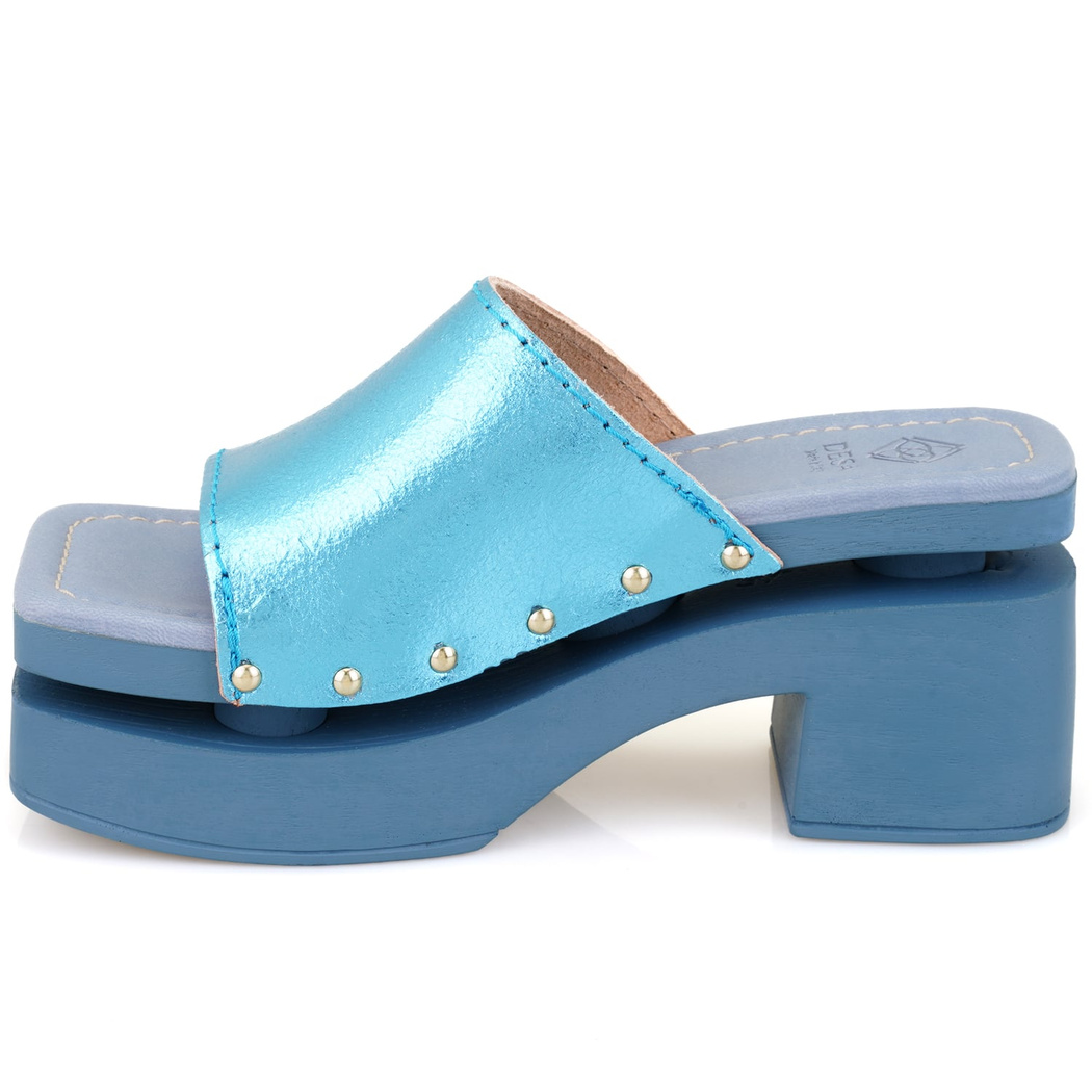 Kadın Mavi Topuklu Deri Terlik