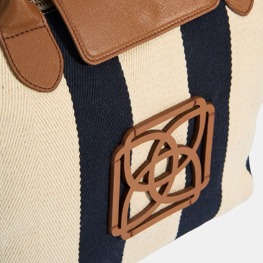 Kadın Monogram Logolu Lacivert Çizgili Kumaş Midi Omuz Çantası