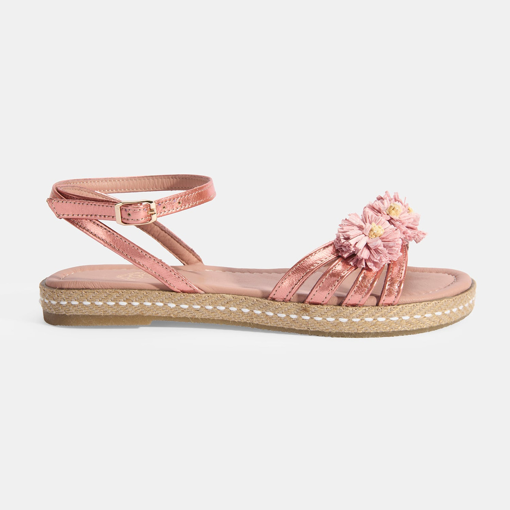 Kadın Pembe Ayarlanabilir Tokalı Çiçek Detaylı Metalik Deri Sandalet