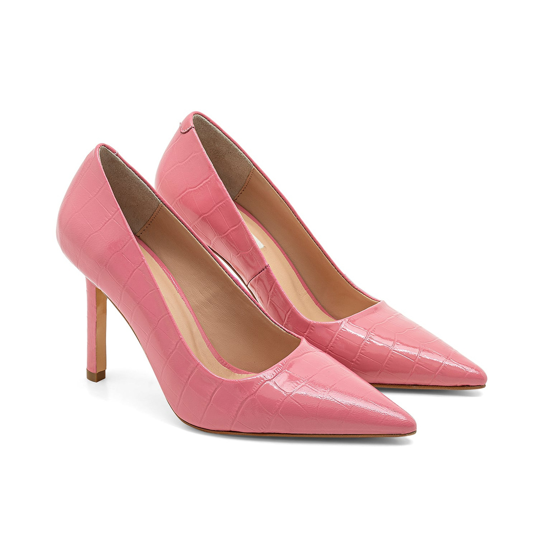 Kadın Pembe Kroko Baskılı Deri Stiletto