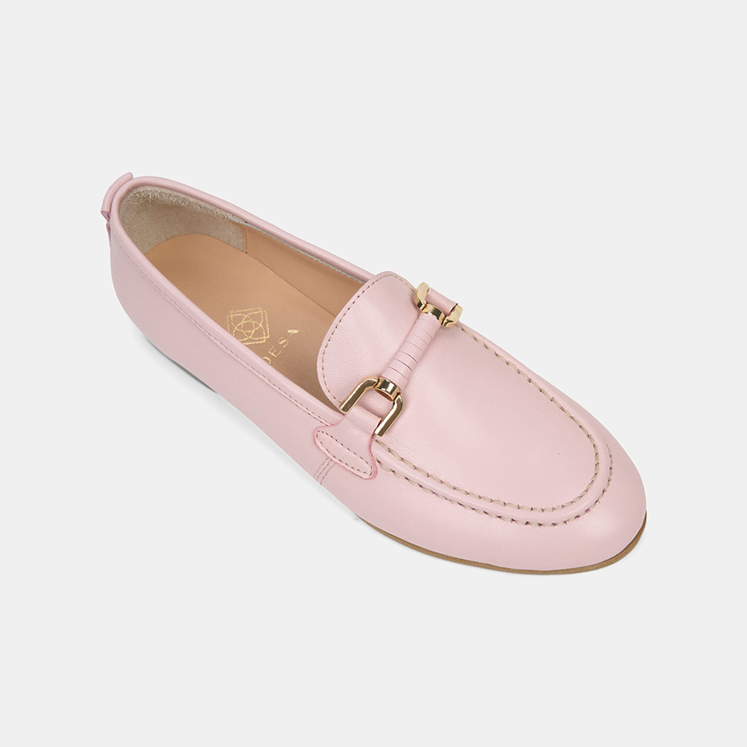 Kadın Pembe Metal Gold Toka Aksesuarlı Deri Loafer