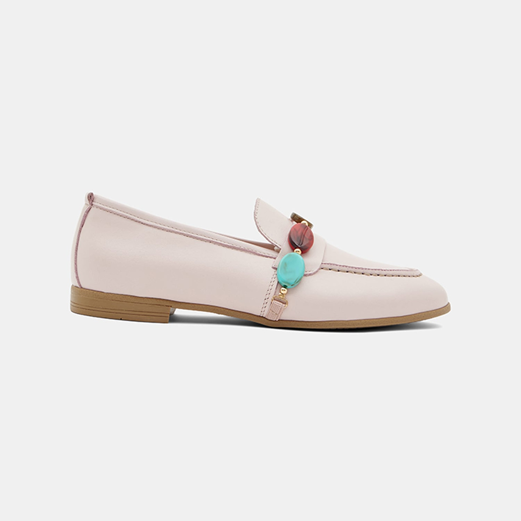 Kadın Pembe Renkli Taş Aksesuarlı Deri Loafer