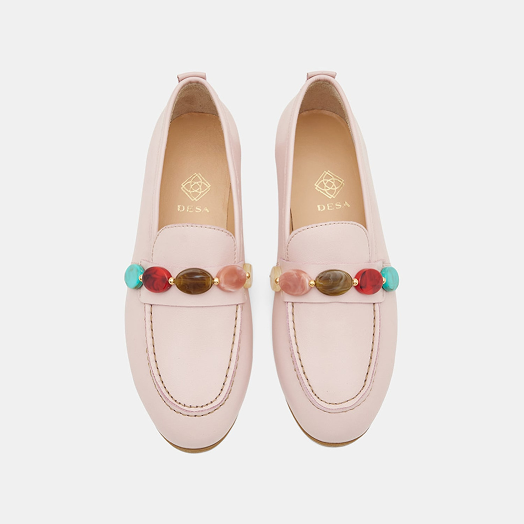Kadın Pembe Renkli Taş Aksesuarlı Deri Loafer