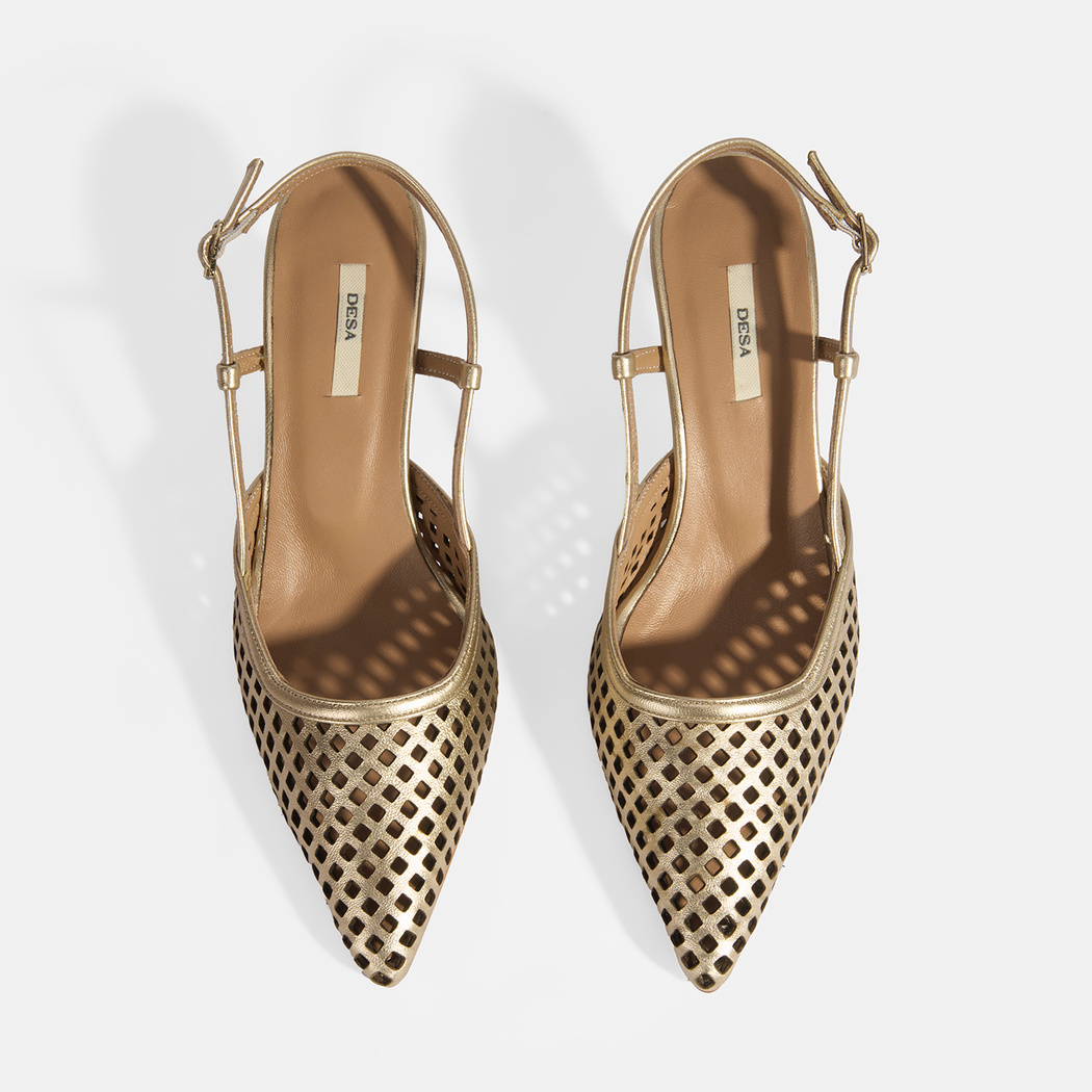 Kadın Perforeli Gold Deri Slingback Ayakkabı
