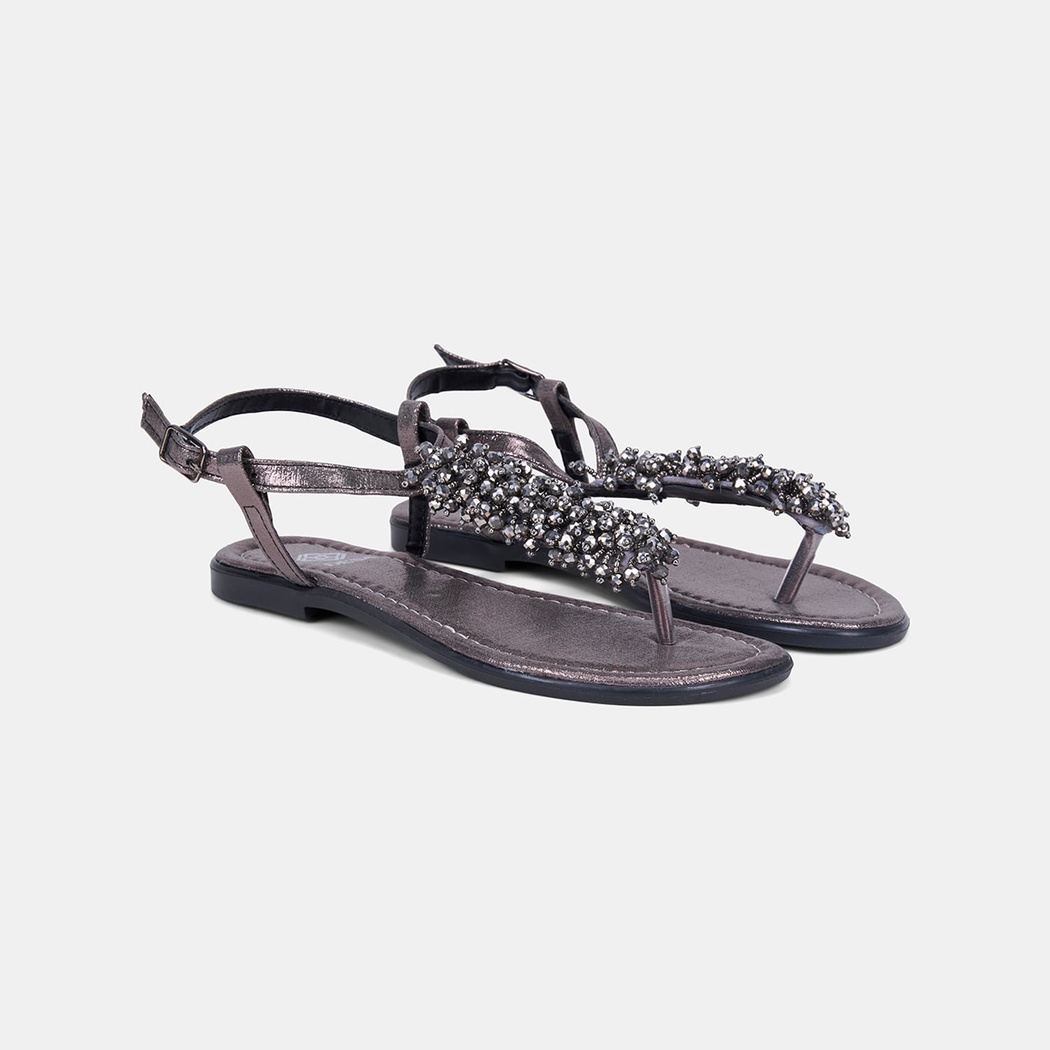 Kadın Platin Boncuk İşlemeli Parmak Arası Sandalet