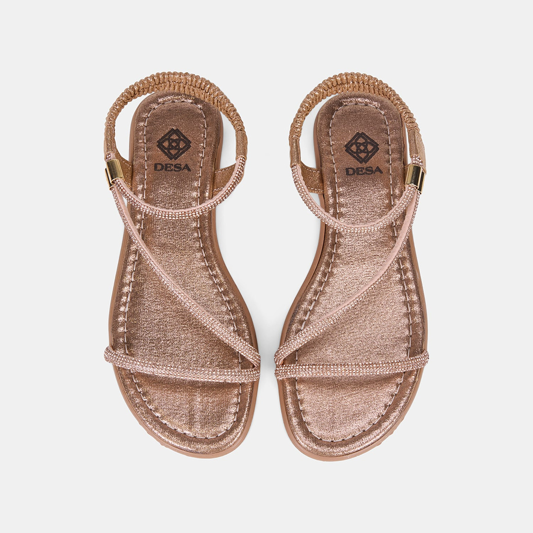 Kadın Rose Gold Arkası Lastikli Taş Detaylı İnce Bantlı Sandalet