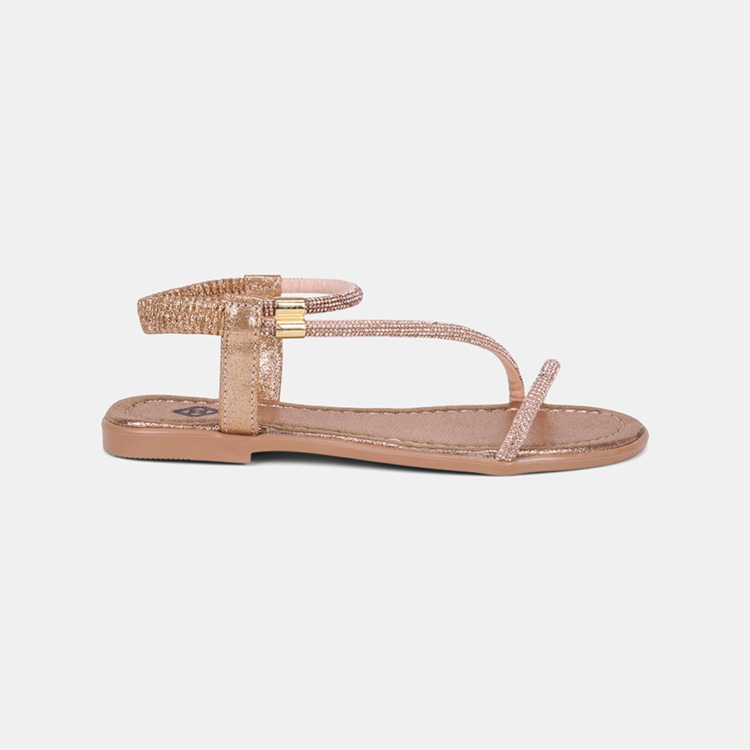 Kadın Rose Gold Arkası Lastikli Taş Detaylı İnce Bantlı Sandalet