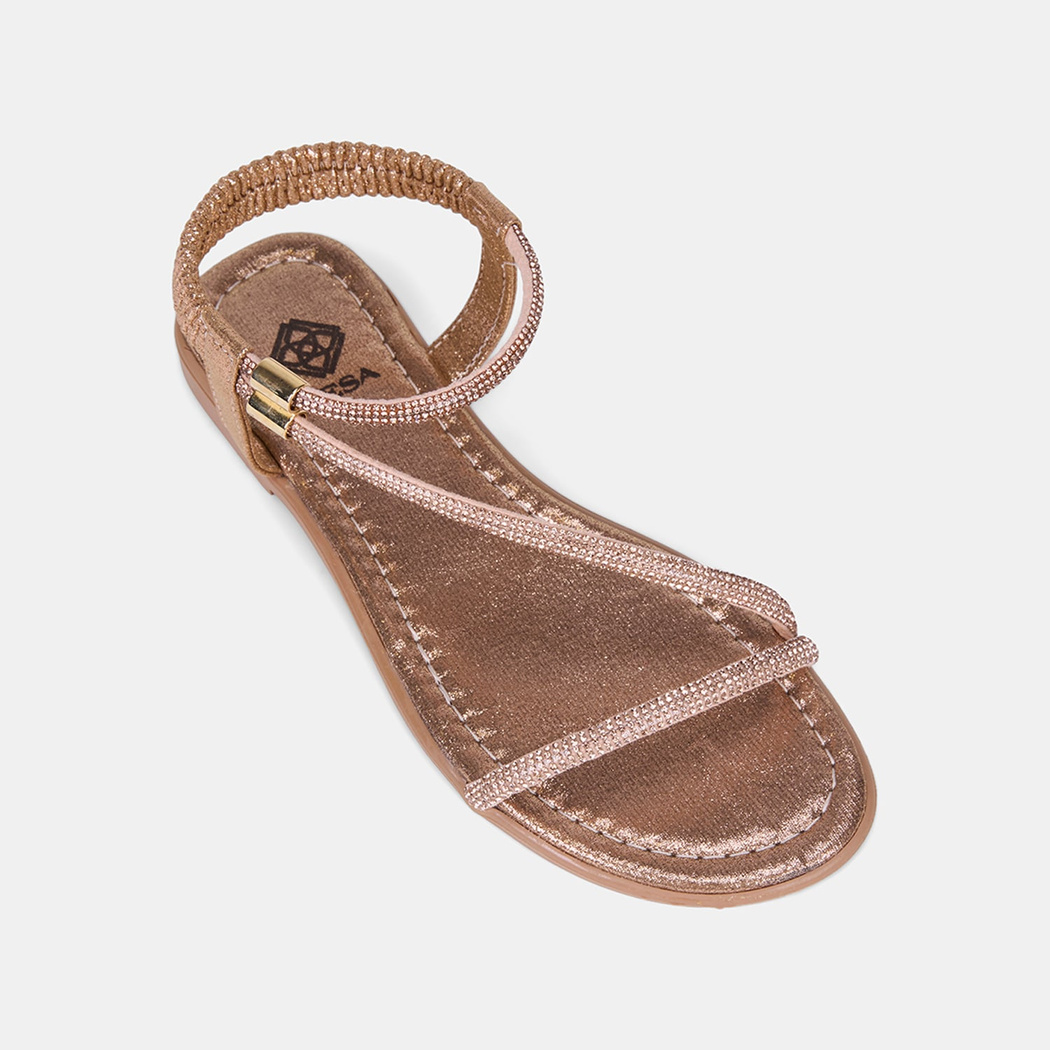 Kadın Rose Gold Arkası Lastikli Taş Detaylı İnce Bantlı Sandalet