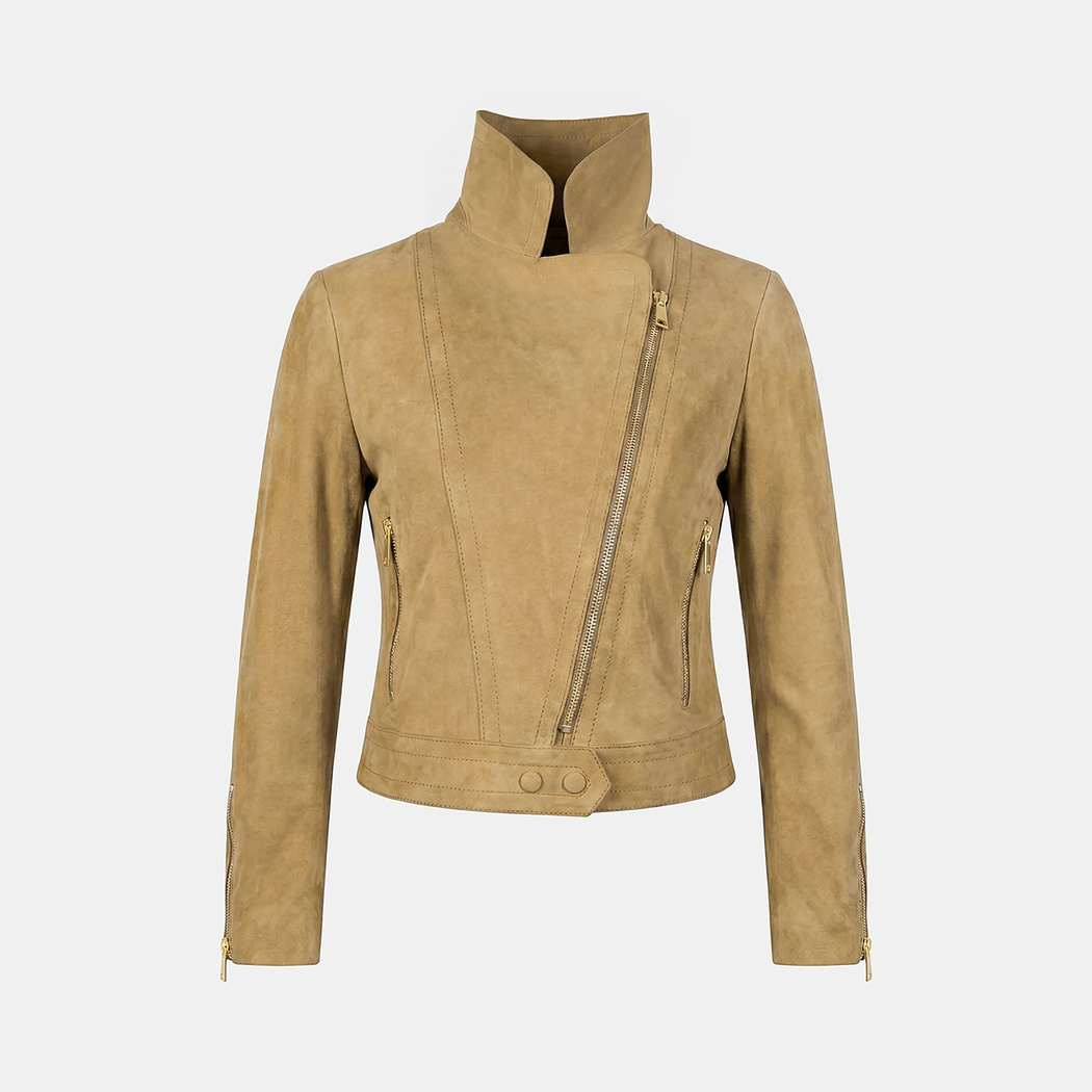 Kadın Sarı Gömlek Yakalı Süet Biker Ceket