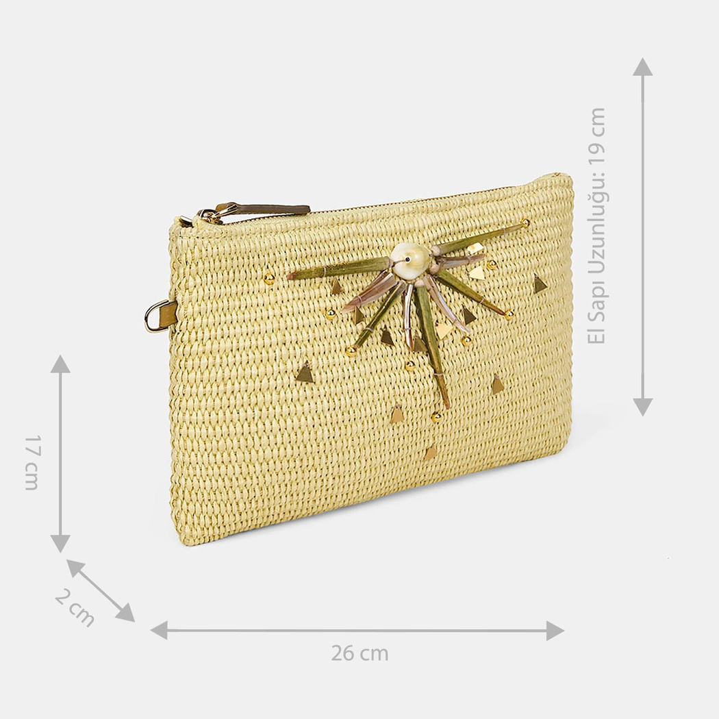 Kadın Sarı Güneş Motifli Hasır Clutch