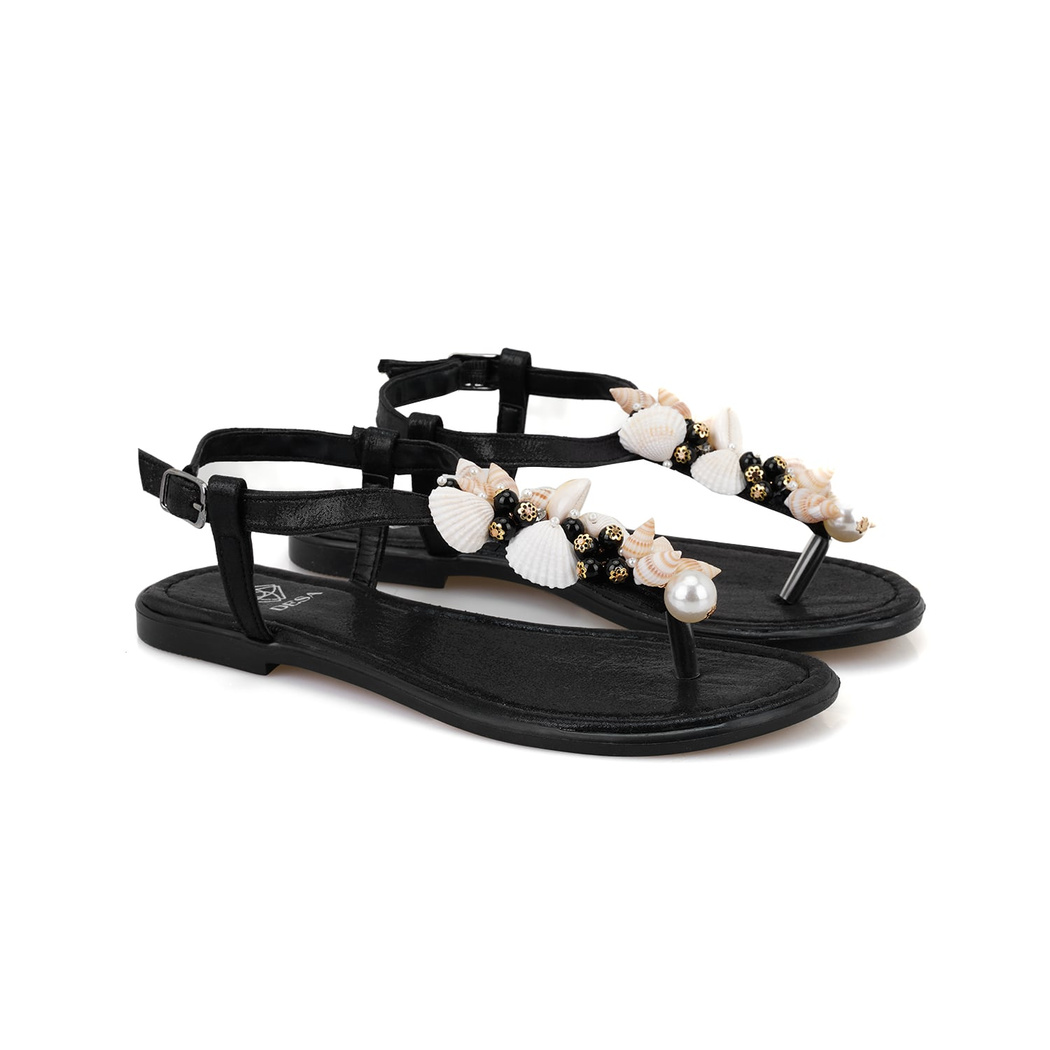 Kadın Siyah Aksesuarlı Parmak Arası Deri Sandalet