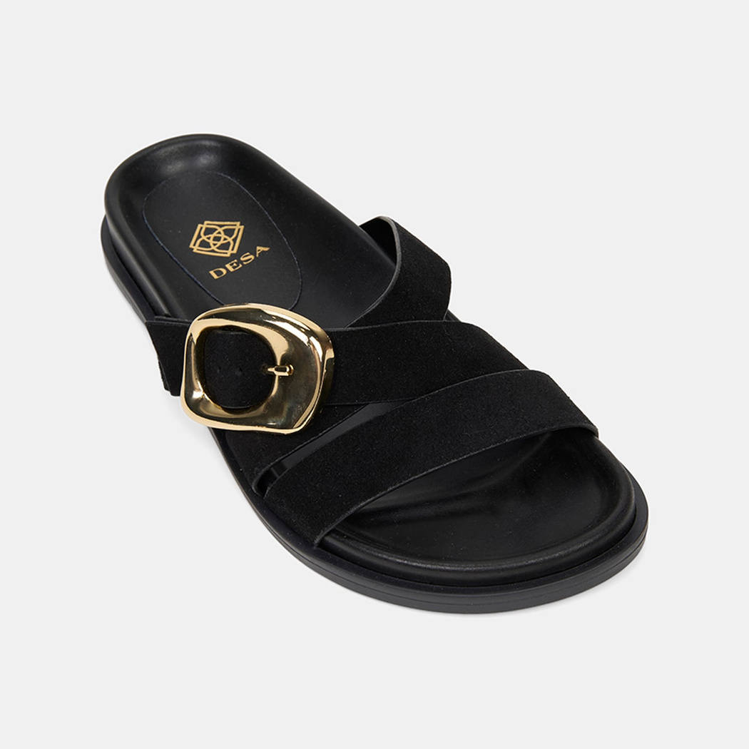 Kadın Siyah Ayarlanabilir Gold Tokalı Süet Terlik