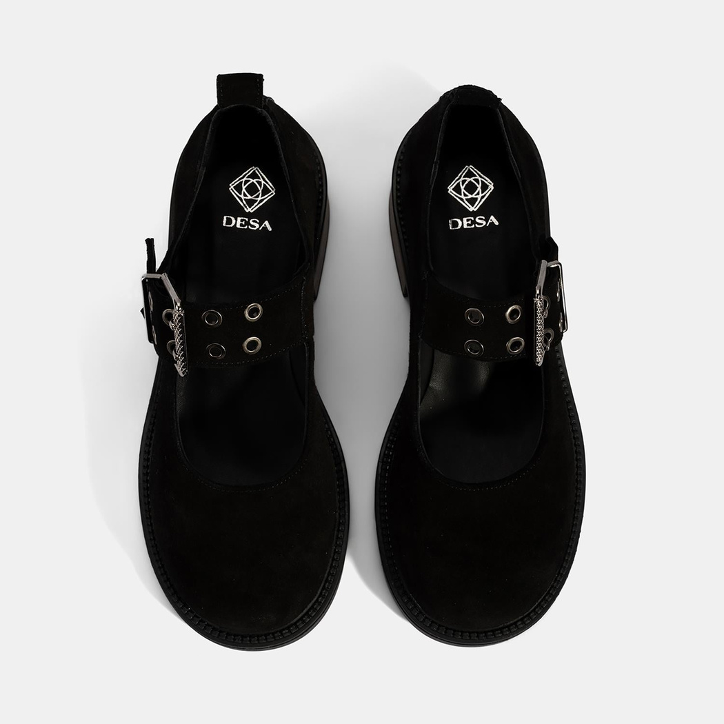 Kadın Siyah Ayarlanabilir Metal Tokalı Mary Jane Süet Ayakkabı