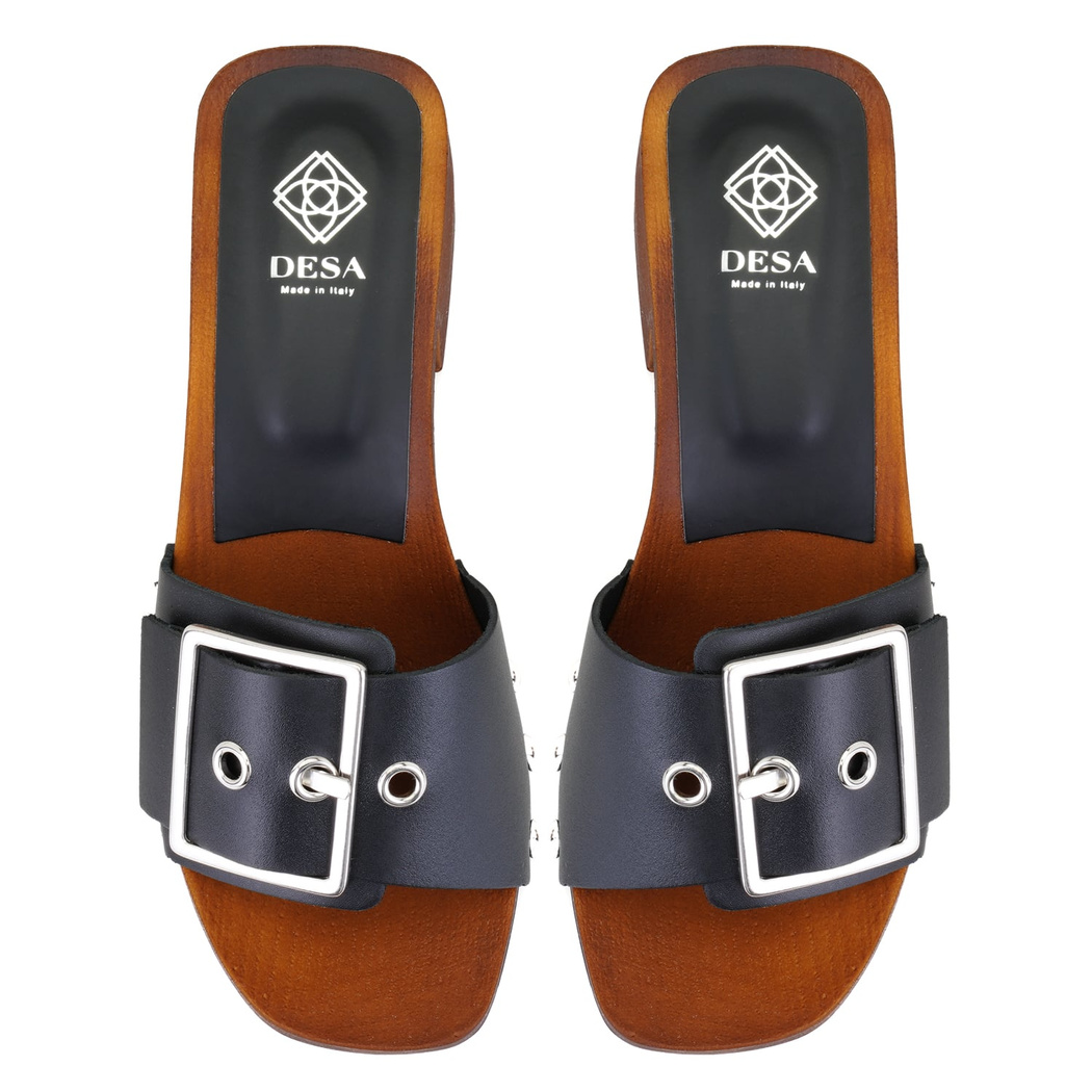 Kadın Siyah Ayarlanabilir Tokalı Deri Terlik