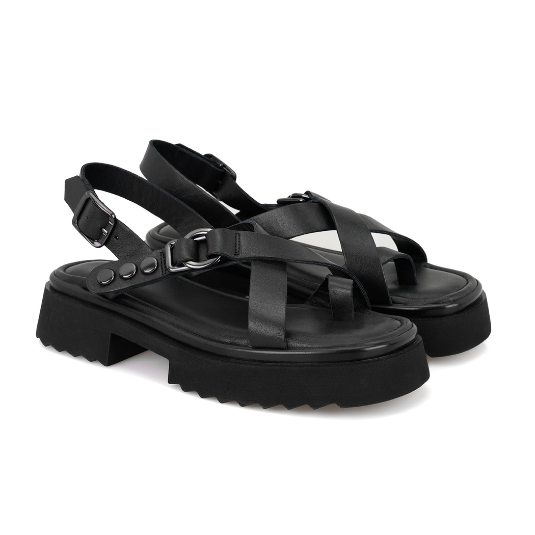 Kadın Siyah Ayarlanabilir Tokalı Deri Sandalet