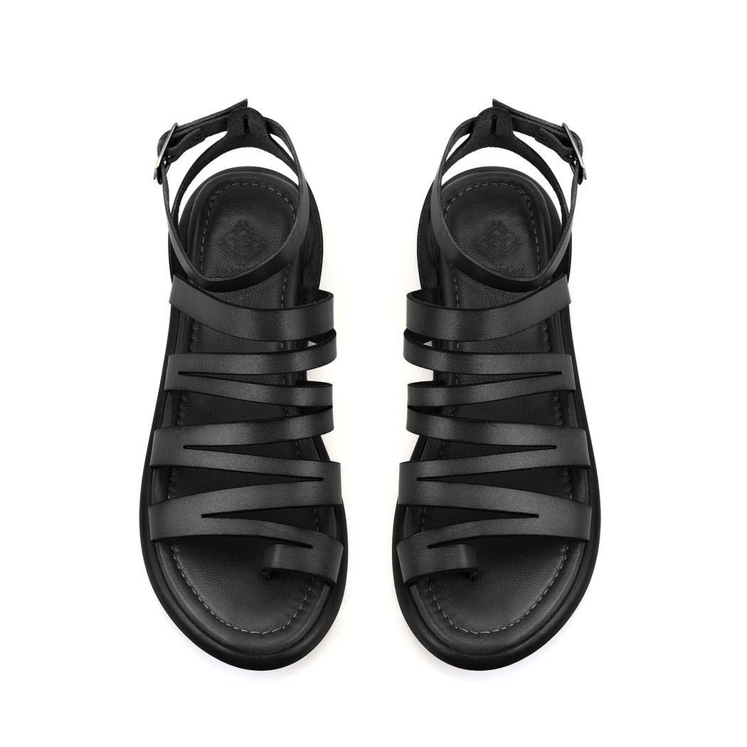 Kadın Siyah Ayarlanabilir Tokalı Deri Sandalet