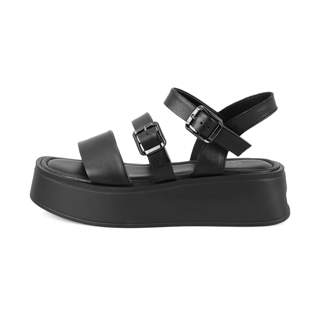 Kadın Siyah Ayarlanabilir Tokalı Deri Sandalet